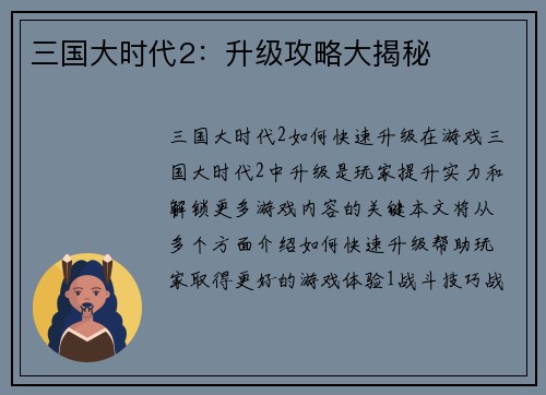三国大时代2：升级攻略大揭秘